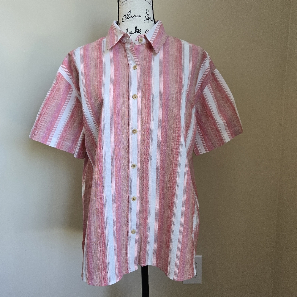 Sonnet James Linen Shirt Womens L Pink Stripe Button Front Short Sleeve